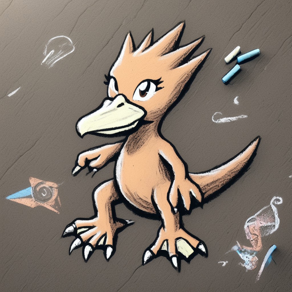 ch4lkdr4wing, chalk, 1girl, solo, golduck, webbed feet, webbed claws, beak