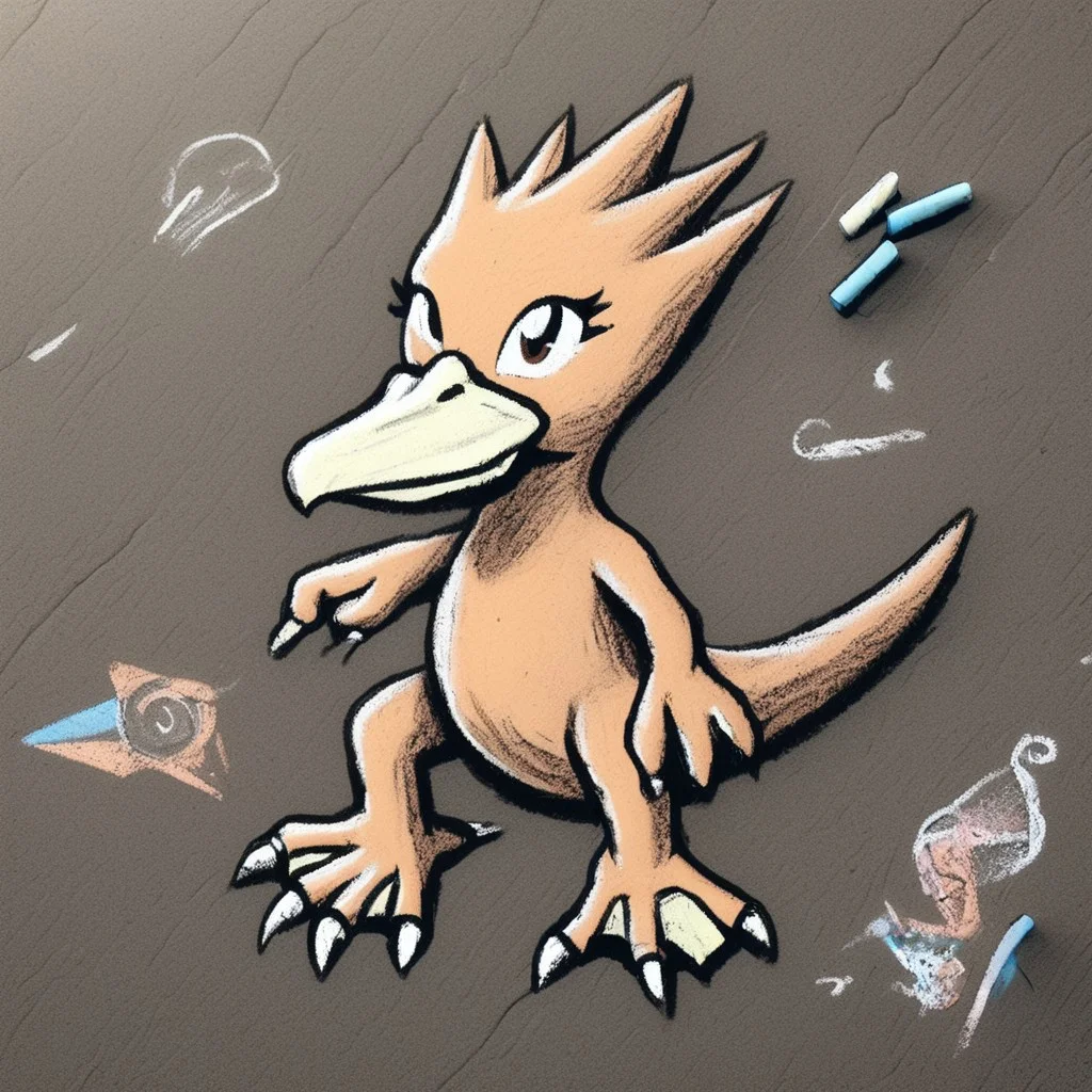 ch4lkdr4wing, chalk, 1girl, solo, golduck, webbed feet, webbed claws, beak