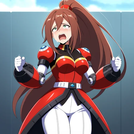 masterpiece, best quality, amazing quality, anime screencap, 1girl, solo, standing, cowboy shot, crying, screaming, motion blur,<lora:IrisAnotherMMXD:0.9>, IrisAnotherMMXD, brown hair, ponytail, high ponytail, wide ponytail, hair ornament, green eyes, red armor, mecha musume, armor, white pants, pauldrons, red gauntlets, white gloves, leg armor,