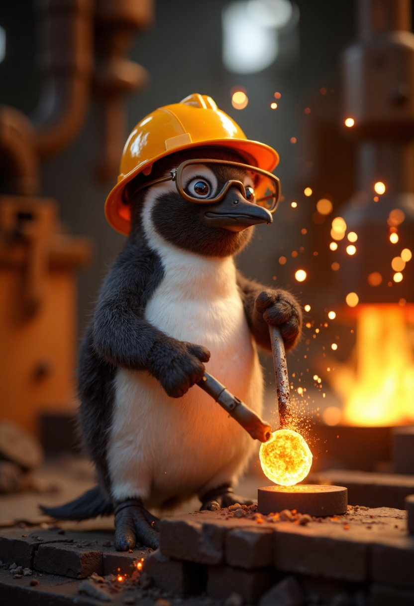 iphone photo A semi-realistic penguin standing in a bustling iron mill, wearing a tiny hard hat and safety goggles. The penguin is diligently operating a miniature forge, using its flippers to handle tongs that grip glowing hot molten metal. Sparks fly around it, illuminating the industrial scene with a fiery glow. The penguin's face is focused and determined, with beads of sweat visible despite the intense heat. Behind it, molten metal flows into molds, and the air is filled with the sound of clanging hammers and the hiss of steam. The contrast between the penguin's natural habitat and the industrial setting adds a humorous and surreal touch to the image. . large depth of field, deep depth of field, highly detailed