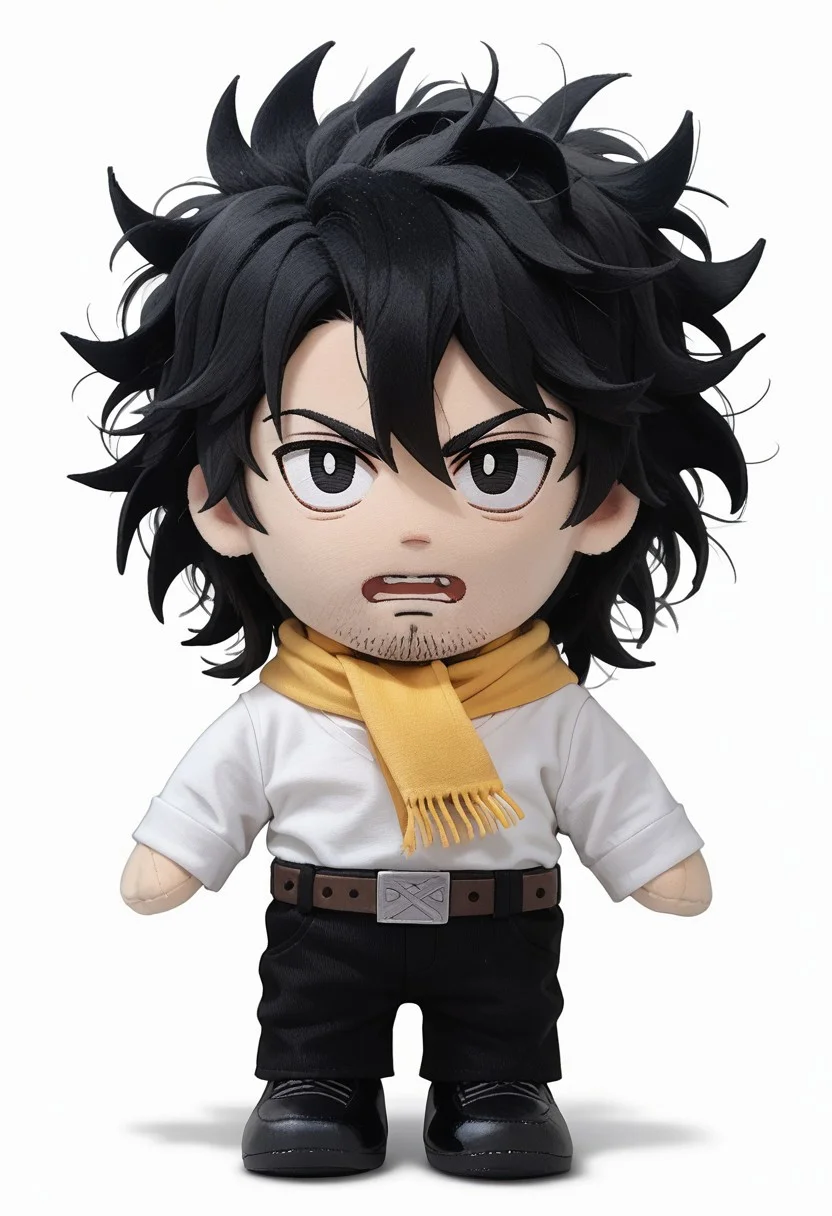 end_plushie_morph, 1boy, black hair, white background, chibi, male focus, simple background, pants, solo, black pants, black eyes, shirt, black shirt, full body, facial hair, hair between eyes, looking at viewer, black footwear, bangs, stubble, teeth, open mouth, belt, medium hair, standing, messy hair, shoes, scarf, plushie, felt, made of felt, fabric toy, made of fabric, fabric texture, score_9, score_8_up, score_7_up, score_6_up, score_5_up, score_4_up,