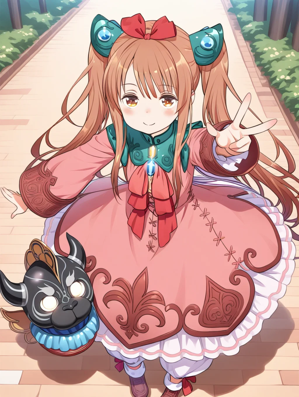 perfect quality,best quality,absolutely eye-catching,ambient occlusion,raytracing BREAK
1girl,<lora:rimuru IL v1.1:0.8>,rimuru,brown hair,twintails,hair ornament,red ribbon,pink dress,long sleeves,frilled dress,white puffy pants,shoes,, front view,bust,leaning_forward,w,outstretched_arm,sitting,