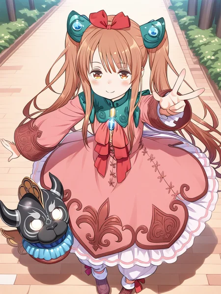 perfect quality,best quality,absolutely eye-catching,ambient occlusion,raytracing BREAK
1girl,<lora:rimuru IL v1.1:0.8>,rimuru,brown hair,twintails,hair ornament,red ribbon,pink dress,long sleeves,frilled dress,white puffy pants,shoes,, front view,bust,leaning_forward,w,outstretched_arm,sitting,
