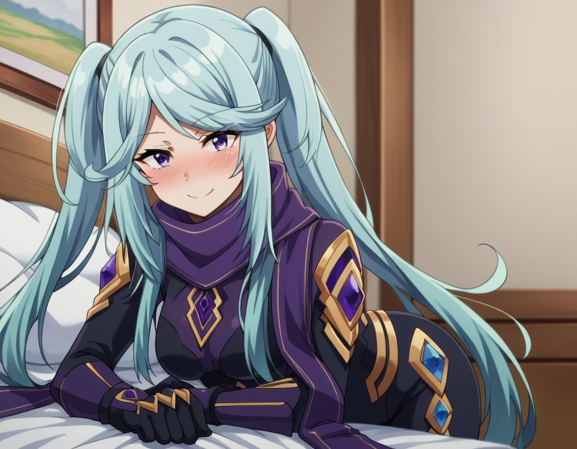 score_9, score_8_up, score_7_up, source_anime,
shadowepsilon, <lora:shadow-epsilon-ponyxl-lora-nochekaiser:1>,
epsilon, long hair, twintails, blue hair, purple eyes, sidelocks, smile,
bodysuit, scarf, purple scarf, gloves, black gloves,
indoors, bed, bed room, on side, blush, drunk,
looking at viewer, cowboy shot, dutch angle,