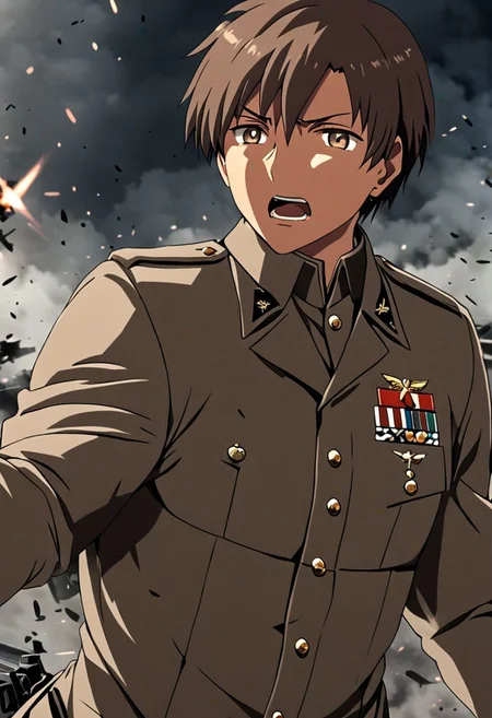 high resolution, solo, best quality, 1Boy, Takaki Toono, Brownish Hair, Brown Eyes, military, action, OverallDetail