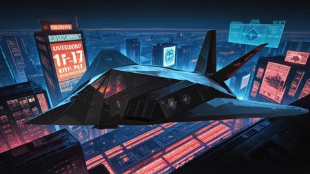 <lora:F-117_Illustrious:1> F-117, cyberpunk, neon-lit city, futuristic, high-tech modifications, holographic billboards, dark atmosphere, flying vehicles, urban dystopia   ,masterpiece,best quality,amazing quality