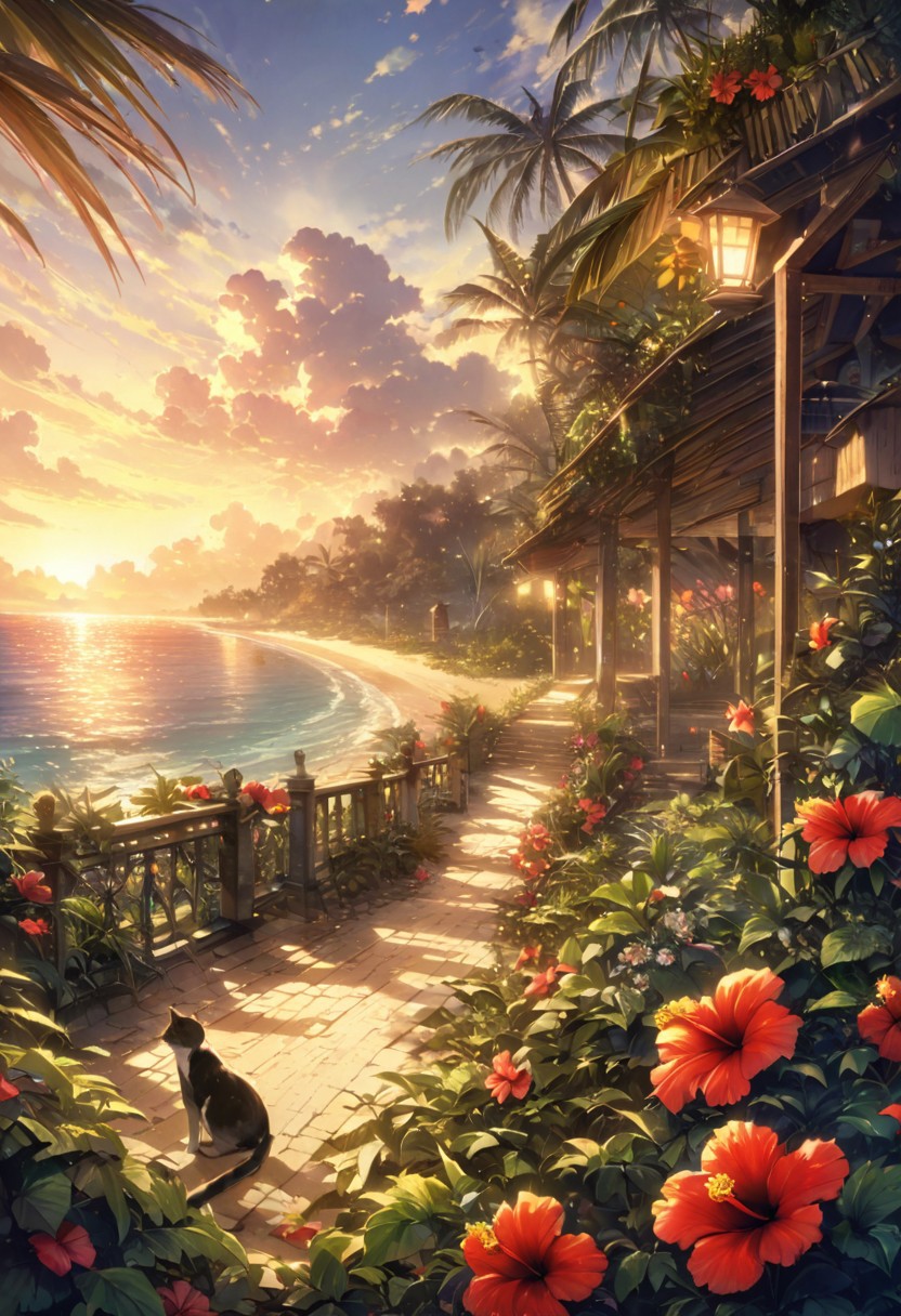 detailed background,( dreamy atmosphere, Calm landscape), amongst lush greenery, beautiful view, hibiscus in full bloom, hibiscus, early morning, sunrise sky, beautiful clouds, dappled sunlight, beautiful, Tropical Beach, Walkway, petals dancing in the wind, depth of field, masterpiece, best quality, ultra-detailed, very aesthetic, illustration, perfect composition, intricate details, absurdres, moody lighting, wisps of light, no humans, cat