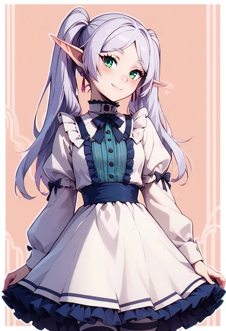 score_9, score_8_up, score_8, medium breasts, (curvy), cute, eyelashes,
BREAK,
zzFrieren, long hair, twintails, green eyes, grey hair, pointy ears, elf,
BREAK,
closed mouth, alternate costume, smile, looking at viewer, blush,
head tilt, blush,
zzLFashion, frilled dress, frills, bow, dress, striped thighhighs, sweetL,
abstract background, white outline,
zPDXL,