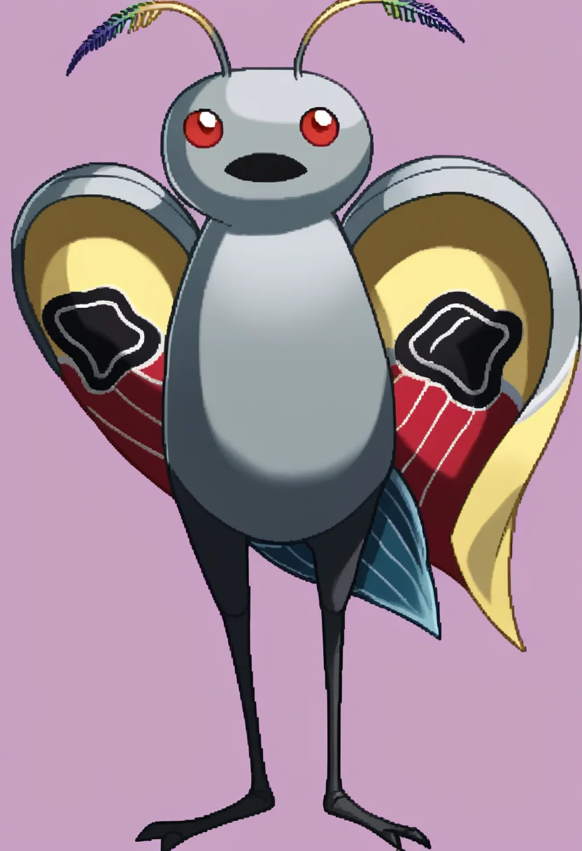 score_9, score_8_up, score_7_up, source_anime, BREAK, solo, looking at viewer, <lora:Under-Night-In-Birth-Sprites-pdxl_Fp:1>, simple background, full body, standing, pokemon \(creature\), <lora:Mothman-pdxl_Fp:1>, mothman, red eyes, open mouth, antennae, grey skin, wings,