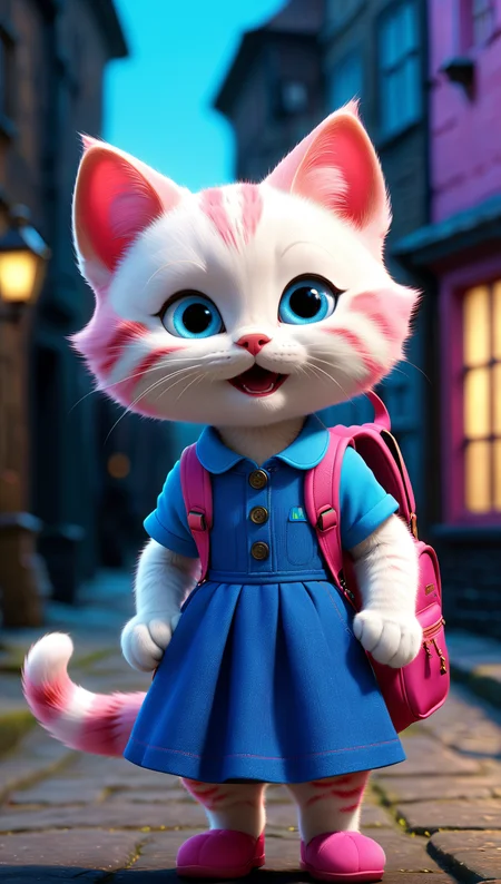 pink kity cat dressed as a child,blue eyes,investigating a crime,pixar-style,ultra detailed,old london background,animated film,realistic lights,cinematic,studio photo,vivid colors,realistic lights,cinematic,sharp focus,photorealistic concept art,perfect composition,soft natural volumetric,cinematic perfect light,rendered in unreal engine,boost,<lora:xl_more_art-full_v1:0.5>,(european and american cartoons:1.3),pink kity cat dressed as a child,carrying a backpack,in dress,laugh happily,