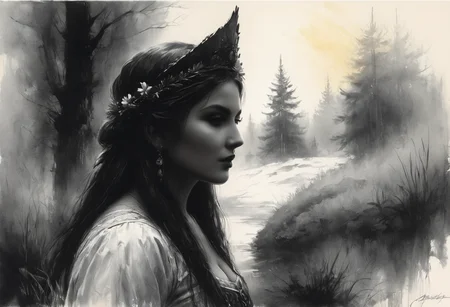Charcoal drawing, crayons, black pencil drawing, pencil drawing, black and white drawing, graphite drawing, Vintage poster of a beautiful Slavic womanâs face in traditional slavic costume, flower crown, dancing in the forest, realistic style, concept art, Gabriele Dell'otto, Style AI Midjourney,, painting in the style of Anders Zorn, Alexi Brilo, Luisa Royo, Studio Ghibli Genshin Impact