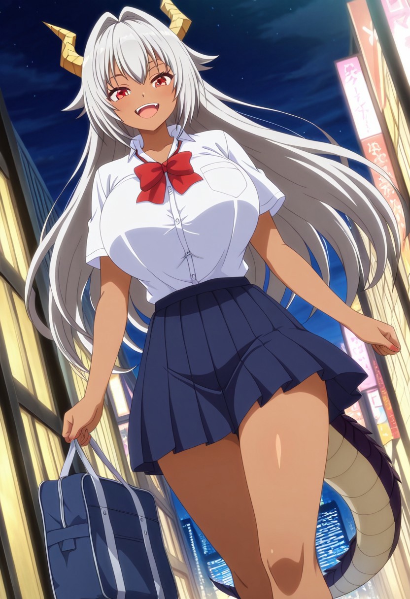 general,highres, ultra-detailed,very aesthetic,best quality ,best hands,best eyes,easynegative,
dynamic anglre, dutch angle, anime cloring,anime screencap,
1girl solo,looking at viewer, open mouth, smile, city,night, walking, 
Ursula A Zuligu,dark-skinned female, doragon horns,grey hair, long_hair, red eyes, huge_breasts, tail,school uniform