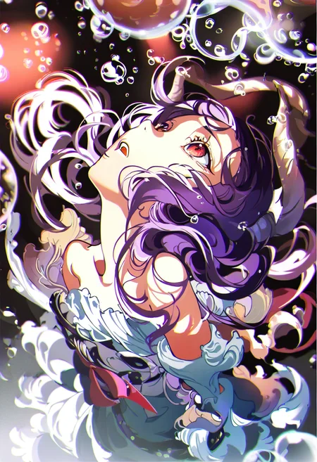 1girl, solo, red eyes, horns, purple hair, water, open mouth, looking up, tears, long hair, single horn, dress, bare shoulders, bubble, from side <lora:yoneyamaiXL_NBVP1_lokr_V6311P:0.95>