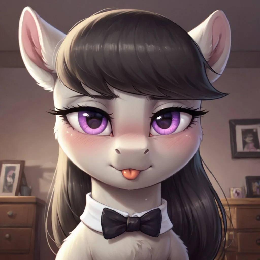 score_9, score_8_up, score_7_up, score_6_up, pony, feral, mare, solo, (octavia melody), no breasts, bedroom, indoors, (night), tail, photo_realistic, blushing female, anatomically correct, looking at you, close-up, horny face, seducing, hot breath, closed mouth, tongue out, upper body, dynamic pose, dramatic angle, sexy, black bow tie