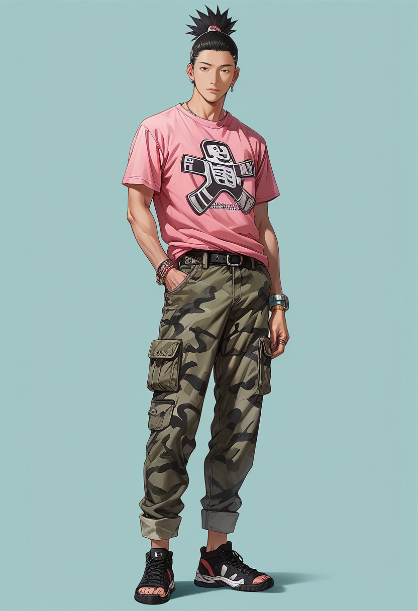 score_9,score_8_up,score_7_up,score_6_up,masterpiece, full body, 1boy, Shikamaru as a konoha shinobi, fashion icon,  camo pink t-shirt, jeans shorts stock playboy lut 5, shinji art accessories comics
<lora:Shikamaru:0.8> <lora:add-detail-xl:1>