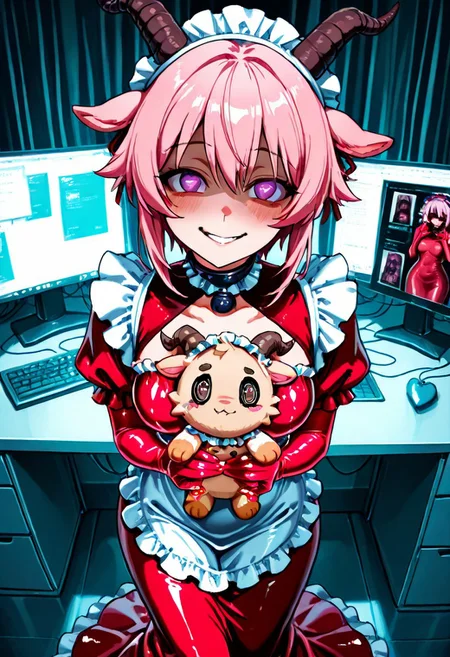 2.5d style, detailed image, detailed environment,
{CivChan, solo:2.0, purple eyes, pink hair, medium breasts, short stature, thin build, crazed expression, red slime dress, slime maid outfit, slime dress, maid outfit, translucent slime gloves, slime stockings, slime clothes, slime dress, slime choker, <lora:idress_b03:0.7> black stockings, frills, long skirt, long dress, idress_b03, lace trim, maid, no cutout, long skirt, <lora:yandere-trance-ponyxl-lora-nochekaiser:1>, yandere trance, yandere, crazy eyes, crazy smile, crazy, heart-shaped pupils, glowing eyes, symbol-shaped pupils, glowing, blush, looking at viewer, holding plushy, holding baphy plushie, stitched up plushy, goth plushy, baphomet plushy, baphy_plushies, }
computer desk, digital code, multiple monitors,