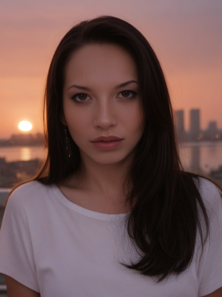 score_9, score_8_up, score_7_up, SabrinaK4mo3i, Sabrina Kamoei, <lora:SabrinaK4mo3i-pony:1>,  cinematic, ultra detailed, portrait, 1girl, makeup, lips, long hair, dark hair, big lips, wearing big baggy shirt, cityscape, 1980s, solo, looking at viewer, bokeh, focus, film, velvia, artistic, best quality, photograph, focus, face focused, magic hour, photography, warm light, sunset, movie still,
