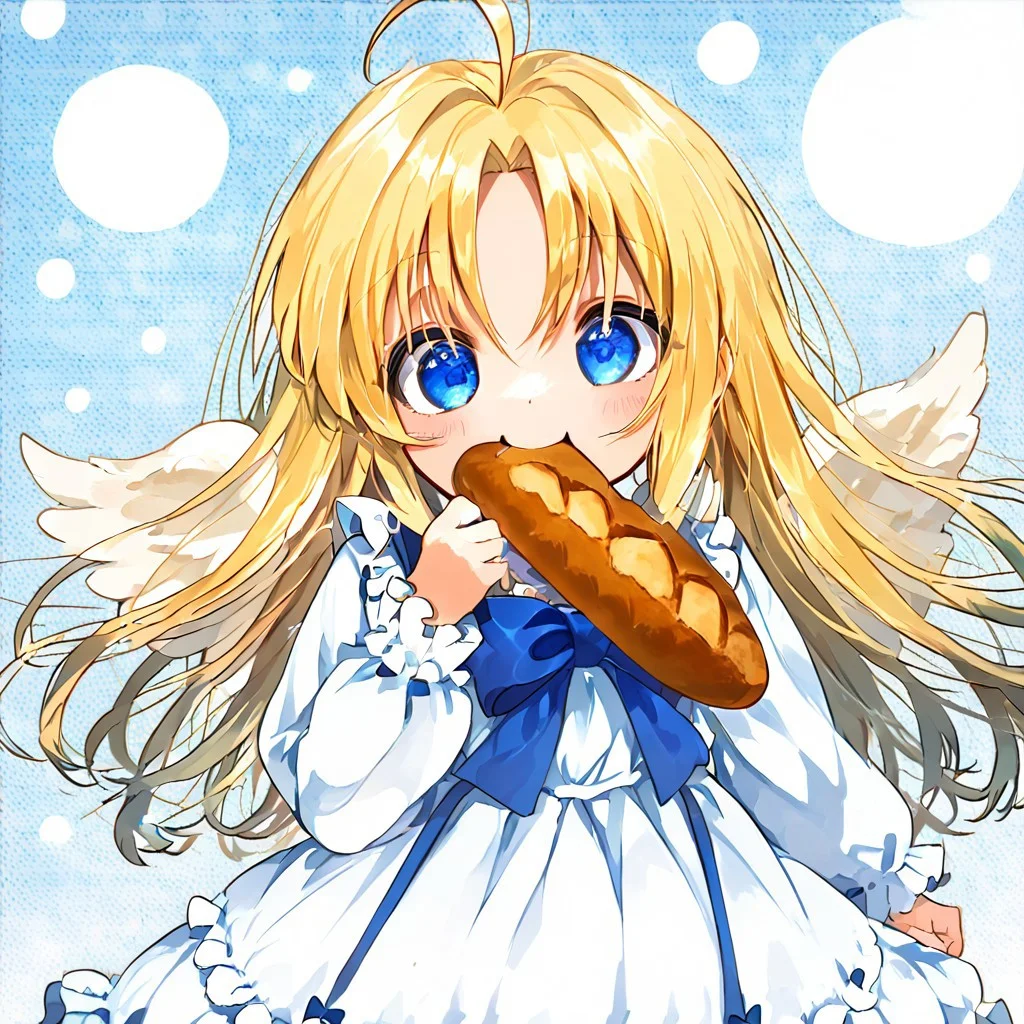 score_9, score_8_up, score_8, score_7_up,
1girl, solo, AEFilo, blue eyes, blonde hair, ahoge, long hair, white wings, blue bowtie, white dress, frilled dress, frilled sleeves, long sleeves, barefoot, polka dots background, smile, eating, bread, loaf, eating, close shot, cute girl, looking at viewer,
cute, kawaii, hearts,