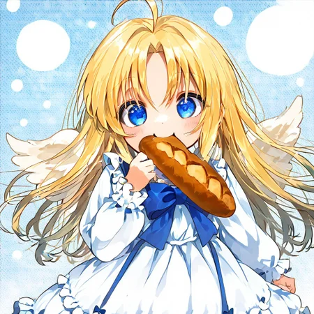 score_9, score_8_up, score_8, score_7_up, 
1girl, solo, AEFilo, blue eyes, blonde hair, ahoge, long hair, white wings, blue bowtie, white dress, frilled dress, frilled sleeves, long sleeves, barefoot, polka dots background, smile, eating, bread, loaf, eating, close shot, cute girl, looking at viewer,
cute, kawaii, hearts,
