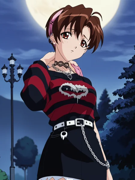 score_9, score_8_up, score_7_up, rating_safe, source_anime, uncensored, 1girl, <lora:Fuko_Kuzuha_PDXLv0:0.8> fuko kuzuha, aged up:1.2, medium breasts, anime screencap, outdoors, night, full moon, <lora:emo-fashion-ponyxl-lora-nochekaiser:1> emo fashion, torn sweater, two-tone sweater, sweater under shirt, striped sweater, lace-trimmed choker, belt chain, red sweater, black sweater, goth fashion