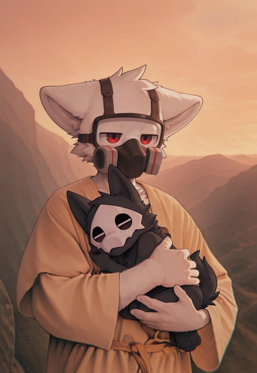 chromatic aberration, depth of field, solo, anthro, dutch angle, small body, short body, furry, furry male, male, boy only, mikus-concept, human, brown hair,jesus, holding, simple background, golden hour, BREAK, masterpiece, best quality, amazing quality, (dr_k_changed, white fur, red eyes, jitome, dr_k_changed wearing goggles, dr_k_changed wearing gas mask,)(puro_changed, black fur, mask, black body, anthro, furry, solo, fur, white eyes, black sclera, colored sclera,),by Syuro