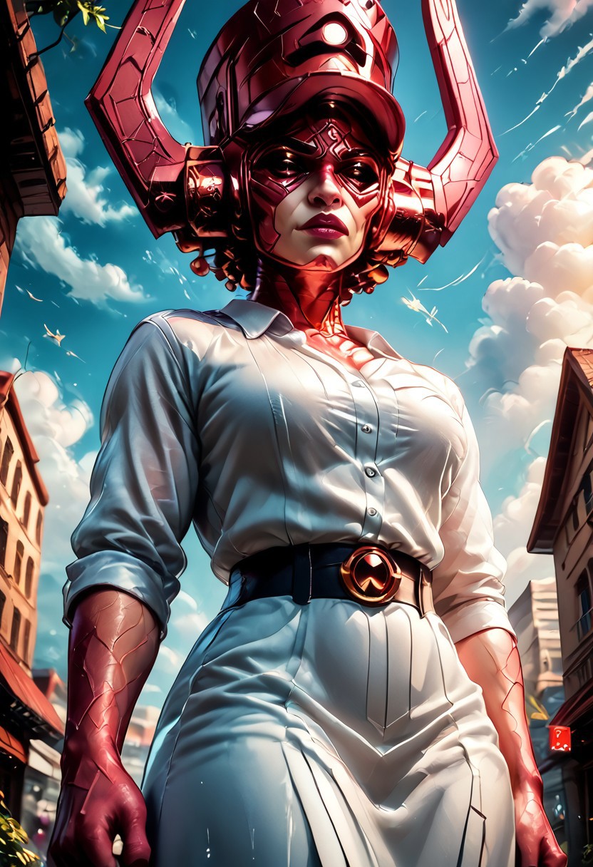 score_9, score_8_up, score_8, score_7_up, score_7, rating_safe,  galactus, galachelmet, galaceyes, SmoothQualityPony,
 park with a small pond surrounded on the left and right in the distance sky scrapers tall buildings that nearly reach the clouds.
A surreal depiction the enormous head of Galactus \(marvel comics\) appears in the sky above a major city. Below in the foreground features a