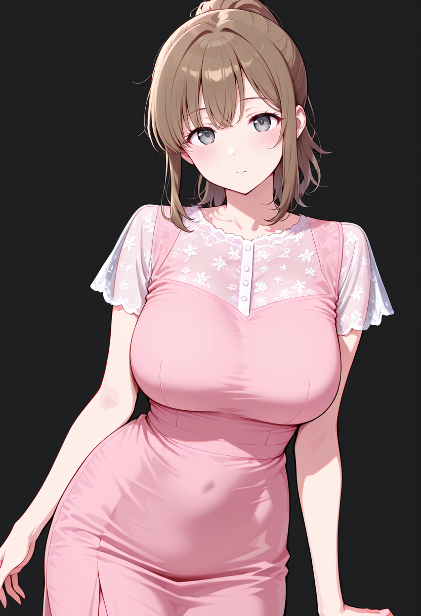 masterpiece, best quality, amazing quality, simple background,((outlined outlined vector graphics)),  simple background,  black background,
 ,  looking at viewer ,cowboy shot, pov ,  looking at viewer 
1girl, 20yo, brown hair, gray eyes, (large breast:1.1), (ponytail:1.1), medium hair,(curvy:1.1),bangs , cute face, peaceful,
pure-kyaba-dress, short sleeve dress ,pink dress, see-through sleeves, see-through dress <lora:pure-kyaba-dress-il-01:1.0>