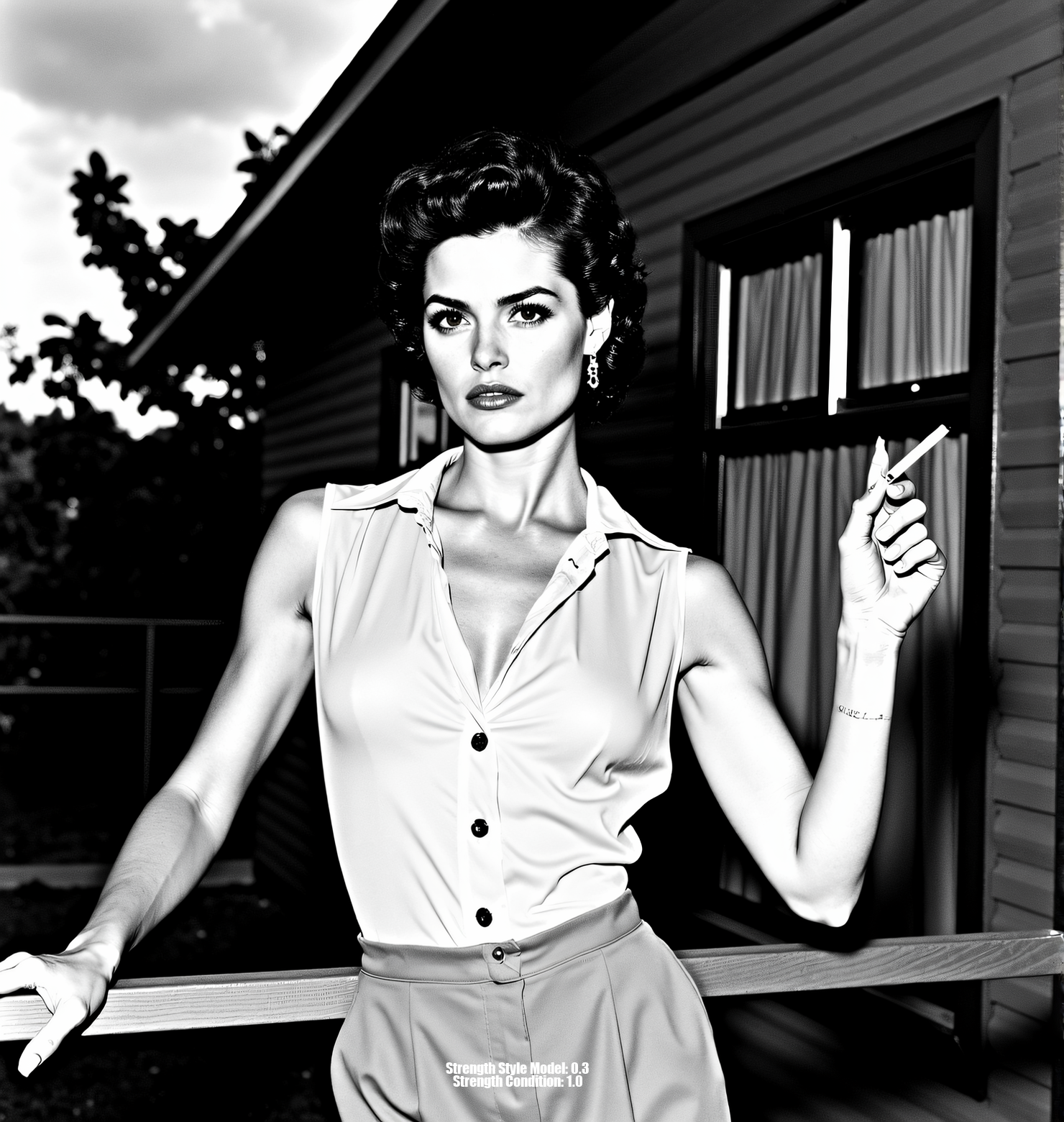 A high-contrast black and white photograph, inspired by Helmut Newton and Peter Lindbergh. A glamorous woman with short, curly hair, wearing a partially unbuttoned sheer button-down shirt tucked into high-waisted trousers. She leans against a railing, cigarette in hand, against a backdrop of cloudy skies, architectural details, and foliage. Shot from a slightly low angle with strong chiaroscuro lighting, creating deep shadows and a dramatic mood. Sharp focus on the foreground with a shallow depth of field. Evoke a timeless, sophisticated aesthetic, reminiscent of classic Hollywood glamour meets raw, unfiltered emotion. Limited grayscale palette, emphasizing texture and form, with a touch of Anton Corbijn's starkness and mood.<lora:_Flux\_Photographer\Helmut_Newton-000001.safetensors:0.8000000000000002:0.8000000000000002>