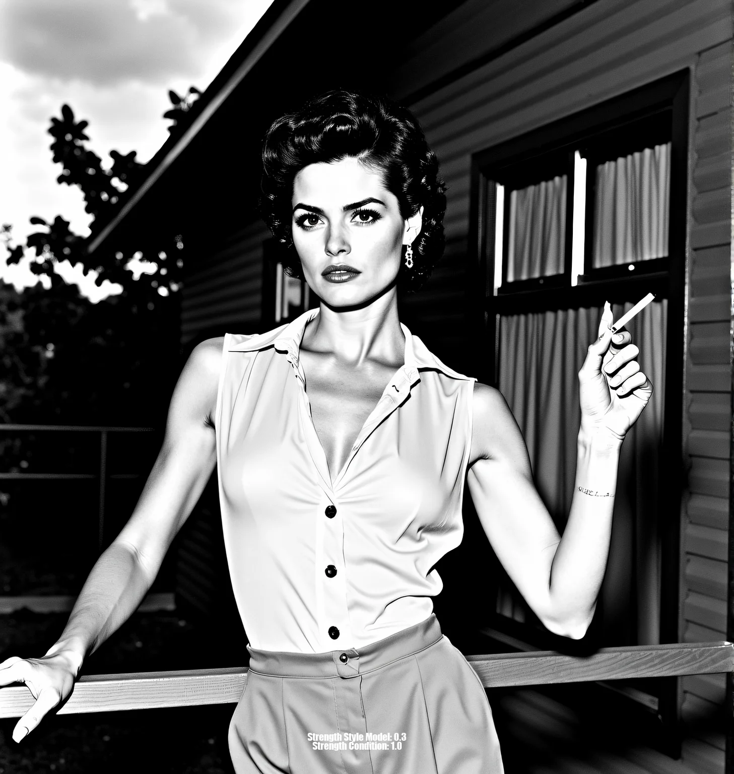 A high-contrast black and white photograph, inspired by Helmut Newton and Peter Lindbergh. A glamorous woman with short, curly hair, wearing a partially unbuttoned sheer button-down shirt tucked into high-waisted trousers. She leans against a railing, cigarette in hand, against a backdrop of cloudy skies, architectural details, and foliage. Shot from a slightly low angle with strong chiaroscuro lighting, creating deep shadows and a dramatic mood. Sharp focus on the foreground with a shallow depth of field. Evoke a timeless, sophisticated aesthetic, reminiscent of classic Hollywood glamour meets raw, unfiltered emotion. Limited grayscale palette, emphasizing texture and form, with a touch of Anton Corbijn's starkness and mood.<lora:_Flux\_Photographer\Helmut_Newton-000001.safetensors:0.8000000000000002:0.8000000000000002>