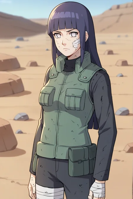 score_9, score_8_up, score_7_up, score_6_up, score_5_up, score_4_up, BREAK source_anime, 1girl, solo,
<lora:HinataShippudenXL-v1-07:0.7>, ChopioHinataBoruto, purple hair, shiny hair, blunt bangs, sidelocks, no pupils, white eyes, looking at viewer,
medium breasts,
long hair, straight hair,
outfit_2, green vest, black shirt, pouch, long sleeves, black pants, bandages, dirty,
outdoors, desert, rocks, serious,