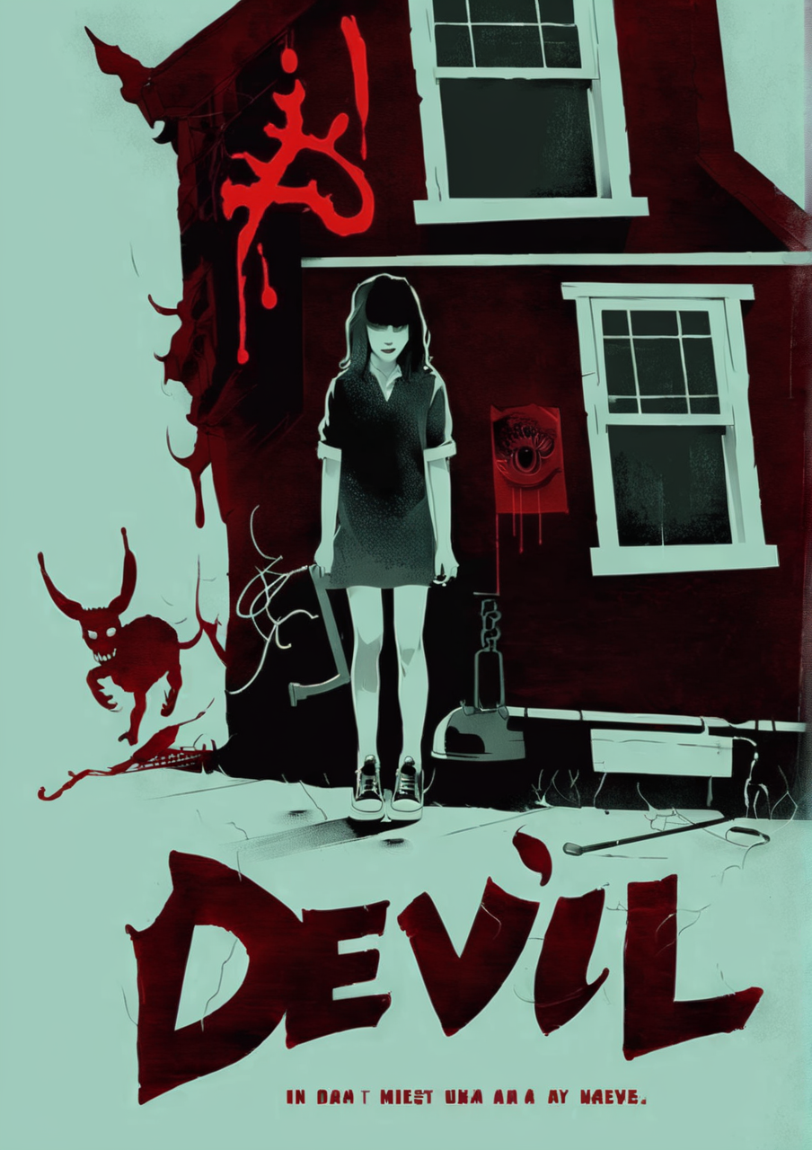 cinexart girl, devil, house<lora:cinexart:1>