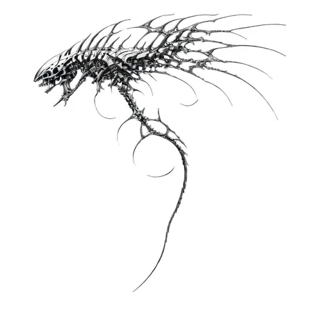 <lora:Cyber_Sigilism:1> masterpiece, best quality, cybersigilism, giger, tribal, cyborg, biometallic, cyperpunk machine, biomachine, bio, science fiction, bones, sketch, greyscale, monochrome, highlights, white background, simple background, solo, blood, fangs, claws <lora:Cyberpunk_GIGER:1>