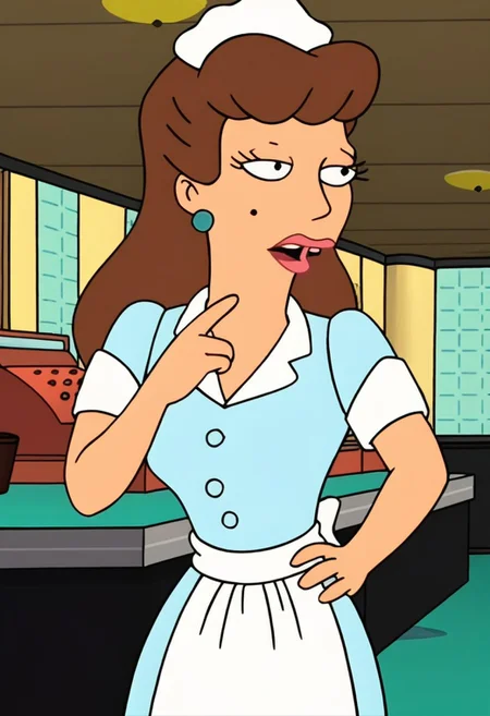 Score_9_up, score_8_up, score_7_up, BREAK, 1girl, solo, milfryfum brown hair, waitress uniform, earrings, mole, hat, apron, hand on hip, diner