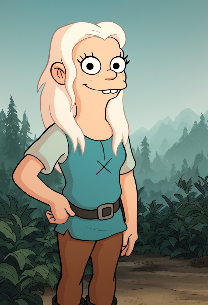 <lora:BeanPony2.0:1>  tiabeanie, white hair, 1girl, long hair, buck teeth, solo, freckles, blue tunic, belt, brown pants, boots, black eyes, looking at viewer,smile,  hand on own hip, cowboy shot, score_9, score_8_up, score_7_up, score_6_up, score_5_up, score_4_up,outdoors,