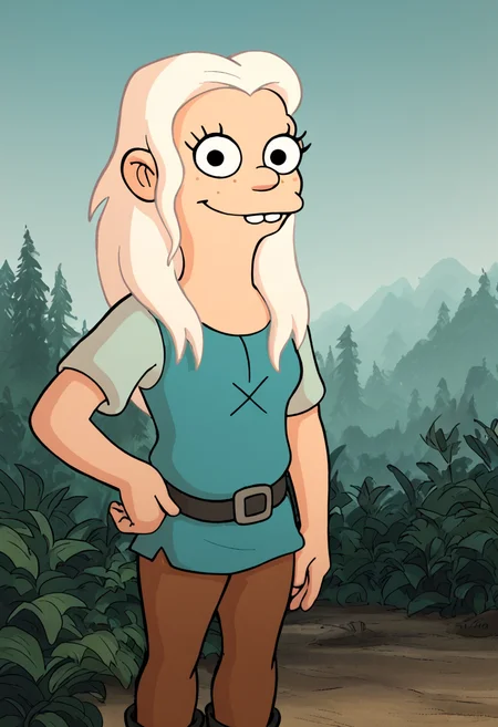 <lora:BeanPony2.0:1> tiabeanie, white hair, 1girl, long hair, buck teeth, solo, freckles, blue tunic, belt, brown pants, boots, black eyes, looking at viewer,smile, hand on own hip, cowboy shot, score_9, score_8_up, score_7_up, score_6_up, score_5_up, score_4_up,outdoors,