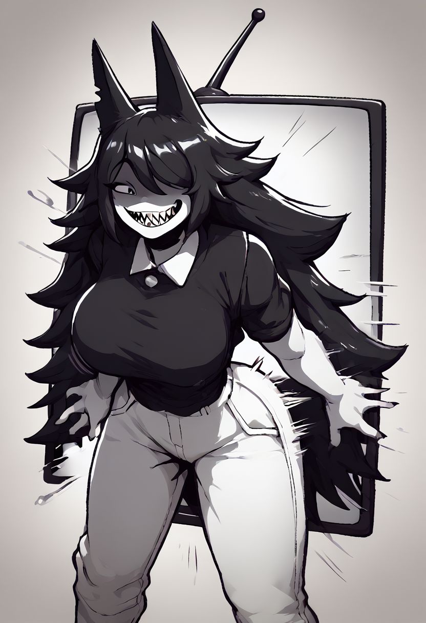 score_9, score_8_up, score_7_up, score_9,4k, HD, 8k, highres, antialiasing, texture, source_cartoon BREAK   <lora:misscircle:1> MisscircleSDXL, 1girl,black eye, solo, black hair,long hair, smile, sharp teeth, theet, looking at viewer, tall girl, large breasts, black shirt, animal ears, very long hair, hair over one eye, monochrome, greyscale, white pants, wolf ears, shaded face,smug,eyelid down,{ ass focus | hip view | from side | from below | from up | from behind | from above | POV } {|||| spread legs }, speed lines, motion blur,tv,stuck,upper body,