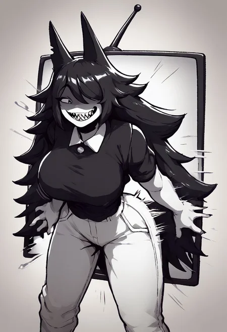 score_9, score_8_up, score_7_up, score_9,4k, HD, 8k, highres, antialiasing, texture, source_cartoon BREAK <lora:misscircle:1> MisscircleSDXL, 1girl,black eye, solo, black hair,long hair, smile, sharp teeth, theet, looking at viewer, tall girl, large breasts, black shirt, animal ears, very long hair, hair over one eye, monochrome, greyscale, white pants, wolf ears, shaded face,smug,eyelid down,{ ass focus | hip view | from side | from below | from up | from behind | from above | POV } {|||| spread legs }, speed lines, motion blur,tv,stuck,upper body,