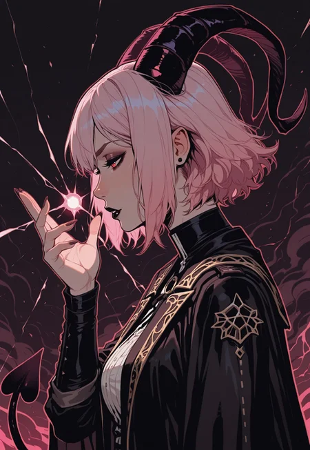 score_9, score_8_up, score_7_up, masterpiece, best quality, very aesthetic, detailed face, (dynamic:1.1), incoth, (incase:0.6), thick lines, outline, illustration, 1girl, succubus, light pink hair, black, dark, casting spell, arcane, horny, spaded tail, horns, upper body, sideview, clean