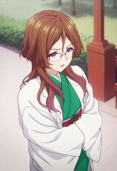 masterpiece, best quality, amazing quality, very aesthetic, absurdres,
1girl, solo, Arisu Himeno, brown hair, purple eyes, long hair, glasses, pink-framed eyewear,
green kimono, japanese clothes, sash, obi, labcoat,
Crossing arms,
Open mouth , serious expression,
anime coloring,
dof, at park,
kyoto animation,