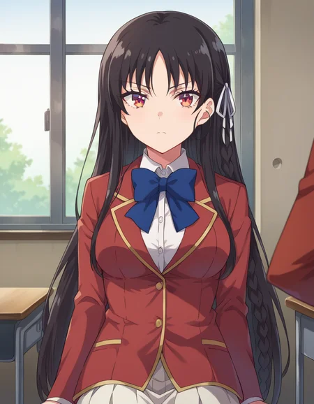 score_9, score_8_up, score_7_up, source_anime,
suzunehorikita, <lora:suzune-horikita-ponyxl-lora-nochekaiser:1>,
suzune horikita, long hair, black hair, red eyes, hair ribbon, braid,
bow, school uniform, jacket, bowtie, blue bowtie, blazer, red blazer, skirt, white skirt,
indoors, classroom, hallway, sitting, desk, chair,
looking at viewer, cowboy shot,
