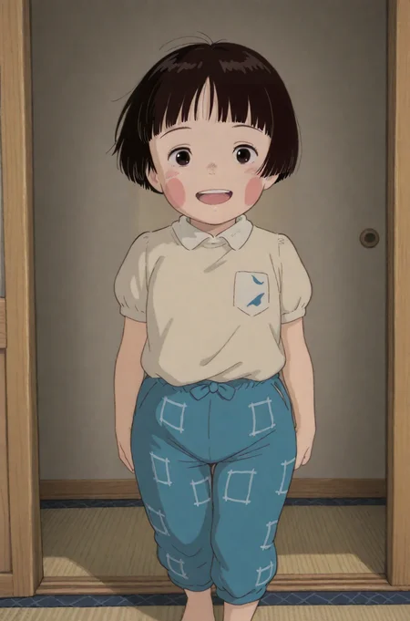 ganaishoten:0.6, leonardo 16sei:0.7, <lora:ai_styles_collection_noob_vpred-1.0-v4.02:1>, <lora:illustriousXL_stabilizer_v1.7:0.7>, anime coloring, (masterpiece, best quality, very aesthetic, absurdres, high quality), 1girl, solo, standing, <lora:Setsuko_Yokokawa:0.8>, setsuko, white shirt, collared shirt, blue monpe, barefoot, brown hair, brown eyes, short hair, blush stickers, smile, looking at viewer, blue pants, breast pocket, upper teeth only, puffy sleeves
