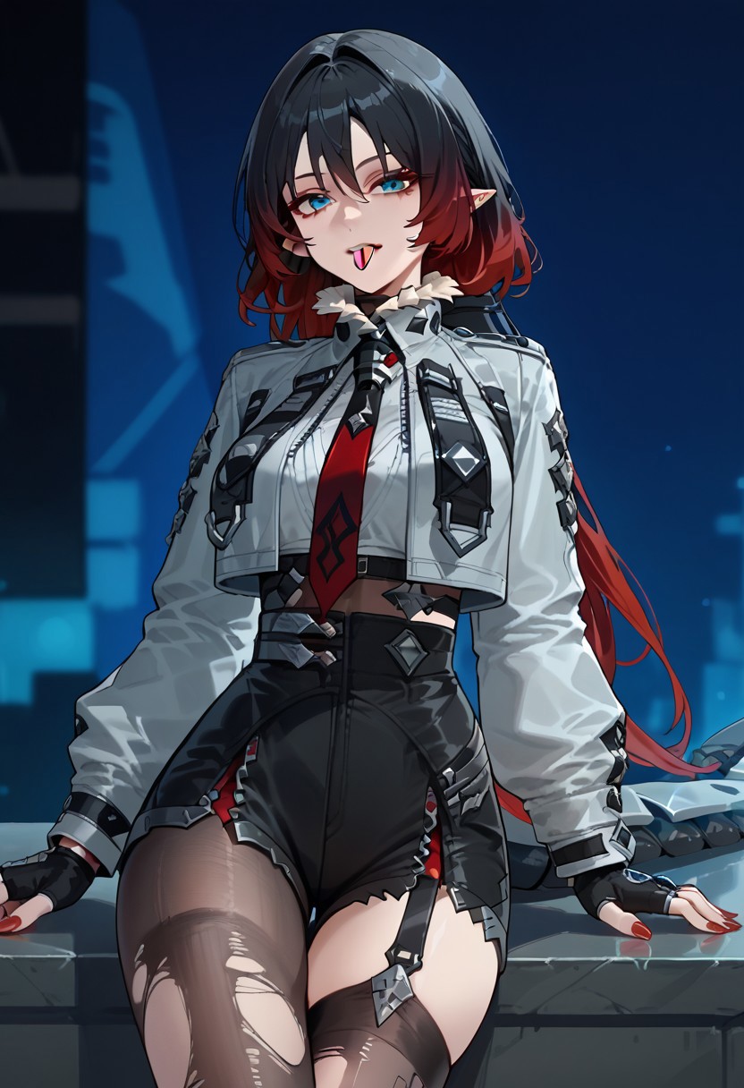 score_9,score_8_up,score_7_up,source_anime,JANE_DOE,1girl,solo,long hair,breasts,blue eyes,shirt,black hair,long sleeves,gloves,thighhighs,sitting,jacket,tail,multicolored hair,pantyhose,red hair,necktie,shorts,black gloves,tongue,pointy ears,tongue out,fingerless gloves,nail polish,torn clothes,gradient hair,black shorts,arm support,garter straps,single thighhigh,red nails,cropped jacket,asymmetrical legwear,torn thighhighs,high-waist shorts,mechanical tail,