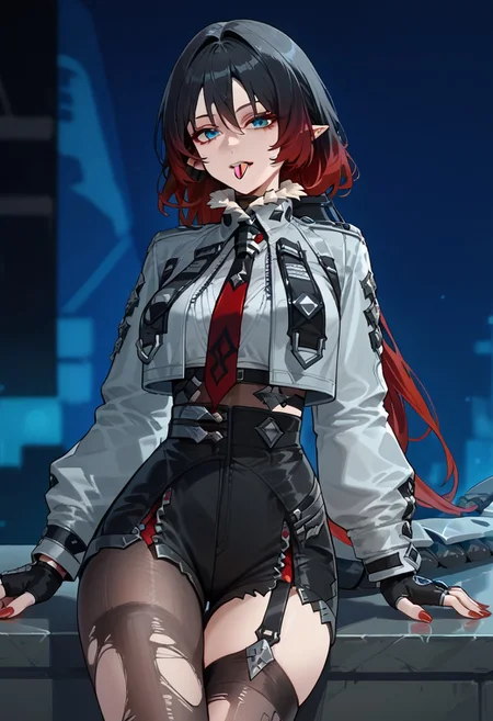 score_9,score_8_up,score_7_up,source_anime,JANE_DOE,1girl,solo,long hair,breasts,blue eyes,shirt,black hair,long sleeves,gloves,thighhighs,sitting,jacket,tail,multicolored hair,pantyhose,red hair,necktie,shorts,black gloves,tongue,pointy ears,tongue out,fingerless gloves,nail polish,torn clothes,gradient hair,black shorts,arm support,garter straps,single thighhigh,red nails,cropped jacket,asymmetrical legwear,torn thighhighs,high-waist shorts,mechanical tail,