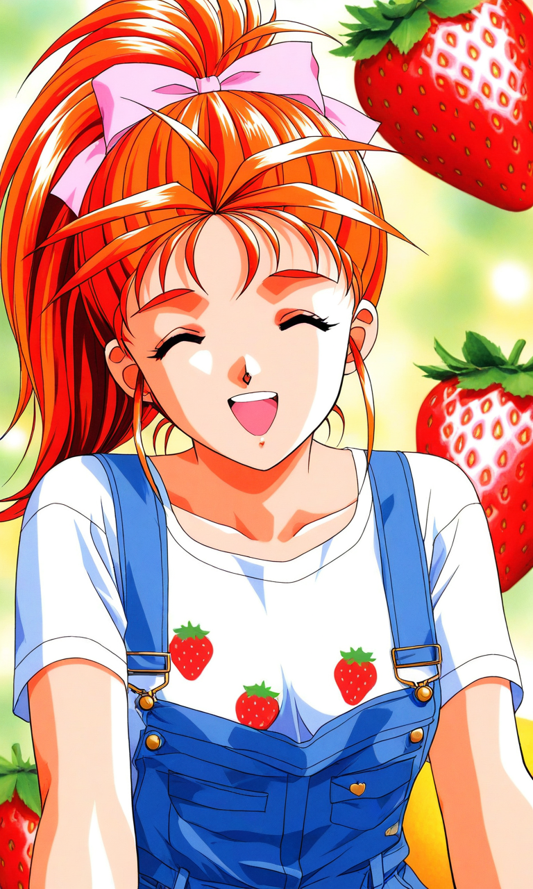 general,highres, ultra-detailed,very aesthetic,best quality ,best hands, BREAK <lora:Saotome_Yumi_Tokimeki_Memorial_IS:1>
Saotome_Yumi(Tokimeki_Memorial), 1girl, solo, closed eyes, orange hair, hair bow, high ponytail,  long hair, small breasts,
open mouth, happy,
fruit, bow, food, shirt, strawberry, orange eyes, overalls, smile, looking at viewer, food print, t-shirt, socks, short sleeves, white shirt, upper body, solo focus, closed mouth