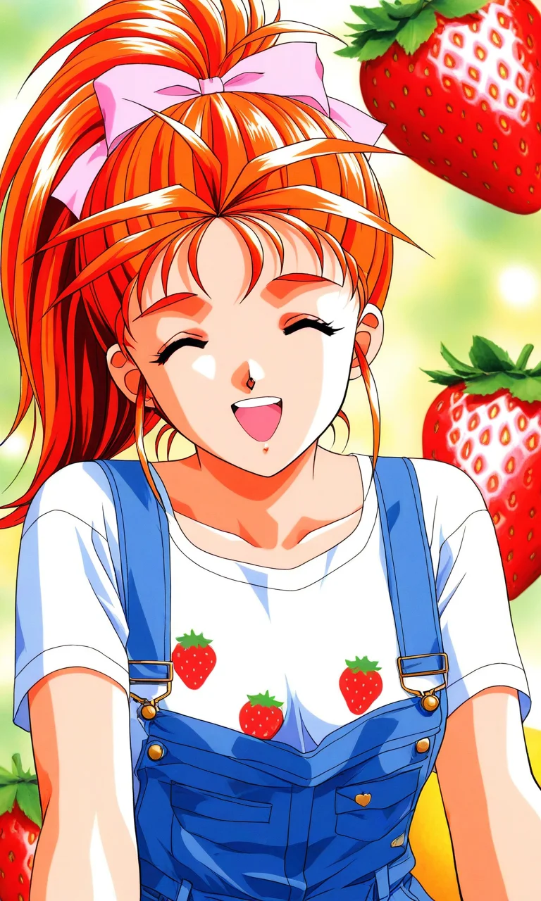 general,highres, ultra-detailed,very aesthetic,best quality ,best hands, BREAK <lora:Saotome_Yumi_Tokimeki_Memorial_IS:1>
Saotome_Yumi(Tokimeki_Memorial), 1girl, solo, closed eyes, orange hair, hair bow, high ponytail, long hair, small breasts,
open mouth, happy,
fruit, bow, food, shirt, strawberry, orange eyes, overalls, smile, looking at viewer, food print, t-shirt, socks, short sleeves, white shirt, upper body, solo focus, closed mouth