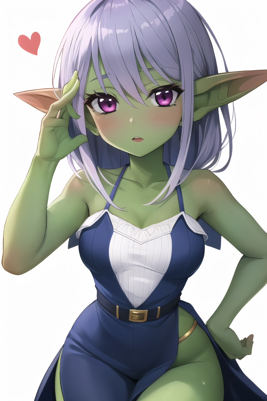 masterpiece, best quality, ultra-detailed, 1 girl, goblin girl, female goblin, goblin, 1girl, green skin,  long pointy ears, kazami kazuki, purple eyes, long hair, silver hair