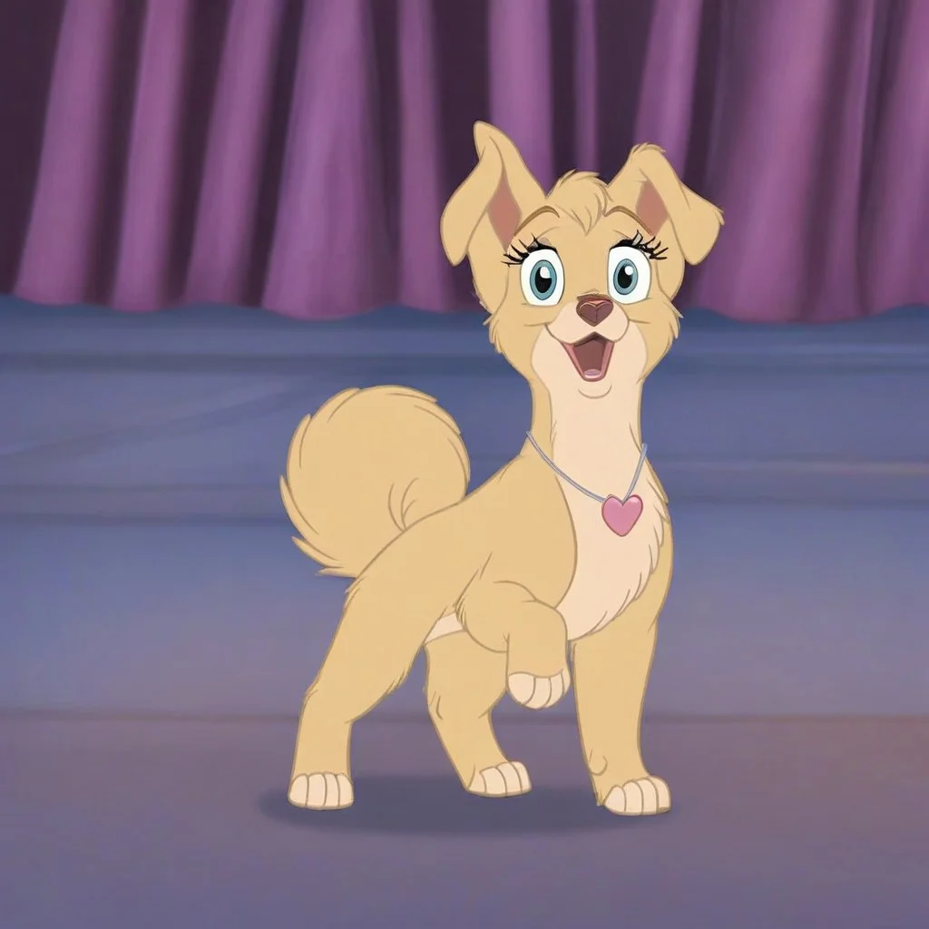 angellat, dog, light yellow fur, body fur, blue eyes, female, (((looking at viewer))), smug, (((eyelashes))), (((girly))), (((flirty))), slightly open mouth, (((no neckwear except pink heart necklace))), solo, happy, smiling, feral, quadruped, ((((((full-body view)))))), friendly, four paws, (((mostly open eyes))), (((open mouth))), cute, sweet, solo, large expressive eyes, detailed fur, dancing, feral
