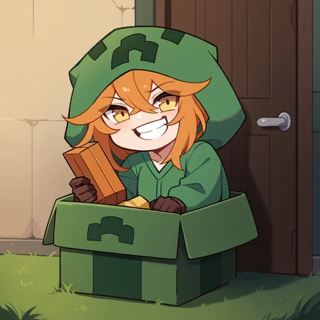 b0xe,chibi, in box,sitting,
mtcupa, orange hair, yellow eyes, green hoodie, hood, long sleeves, brown gloves, green thighhighs, grin, open door, dark background, outdoors,
BREAK
score_9,score_8_up,score_7_up, <lora:boxed_potat_v1:1> <lora:mobtalker_creeper_ponyXL:1>