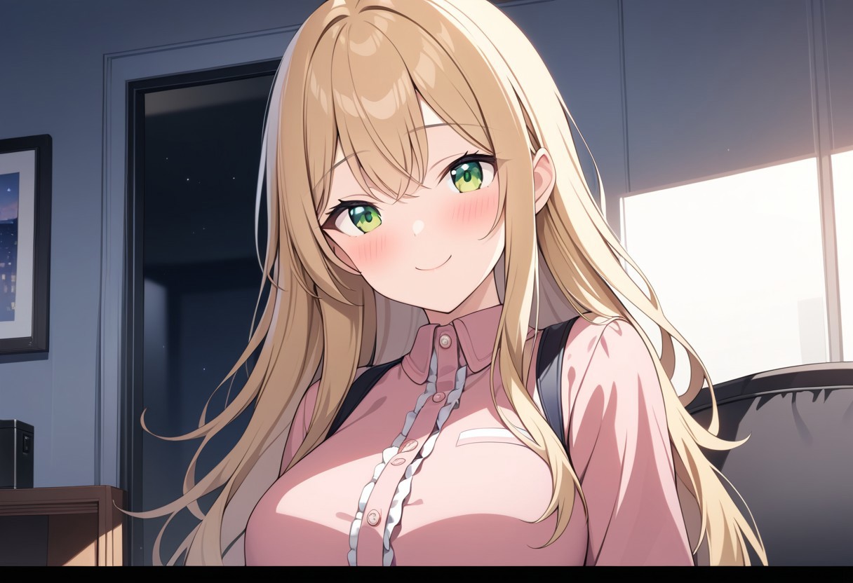 (extremely detailed CG unity 4k wallpaper),(masterpiece),(best quality),(ultra-detailed),(best illustration),(best shadow),(absurdres),(detailed background), (high res image), (High image quality),(Looking at the front),(looking at the audience),(Upper Body),
（Pink shirt,）,She's wearing a white frilly apron,
1girl, solo, 
Blush, smile,
long hair, Large breasts,
Braided long hair, blonde, Green eyes,
evening,
I peer at him from the living room.