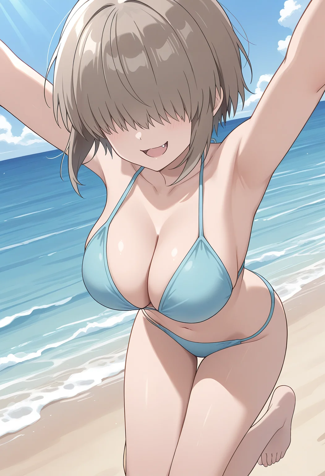 Smooth Quality,masterpiece,beautiful aesthetic, very intricate, high quality details, ultra realistic, high detailed skin,
blue sky, beach, ocean,
dutch angle,jumping, arms open, legs bent, smiling, midair, ,smug,
bikini, <lora:Uzaki_Yanagicnn:0.7> usakiyanagi/cnn, 1girl, short hair, hair over eyes, brown hair, long bangs, fang,large breasts,skinny, petite,